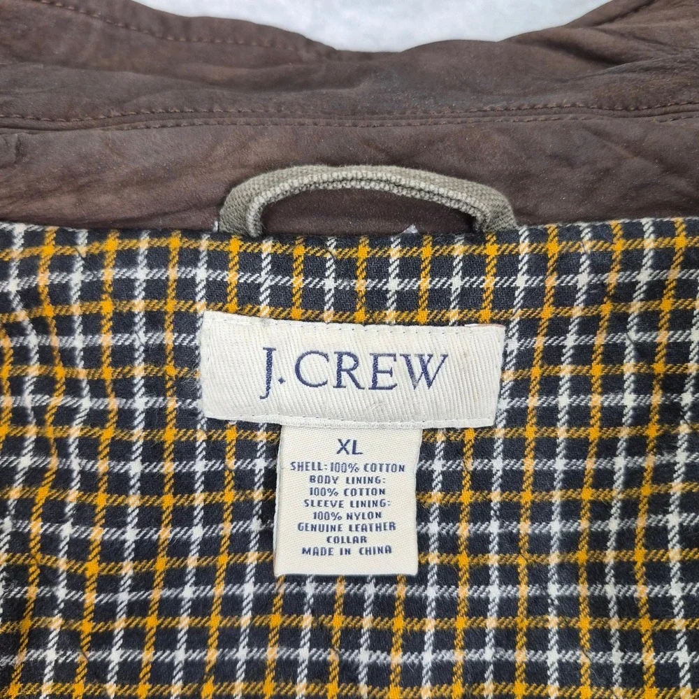J Crew Mens Barn Jacket XL Olive Drab Canvas Leather Collar Plaid Field Coat